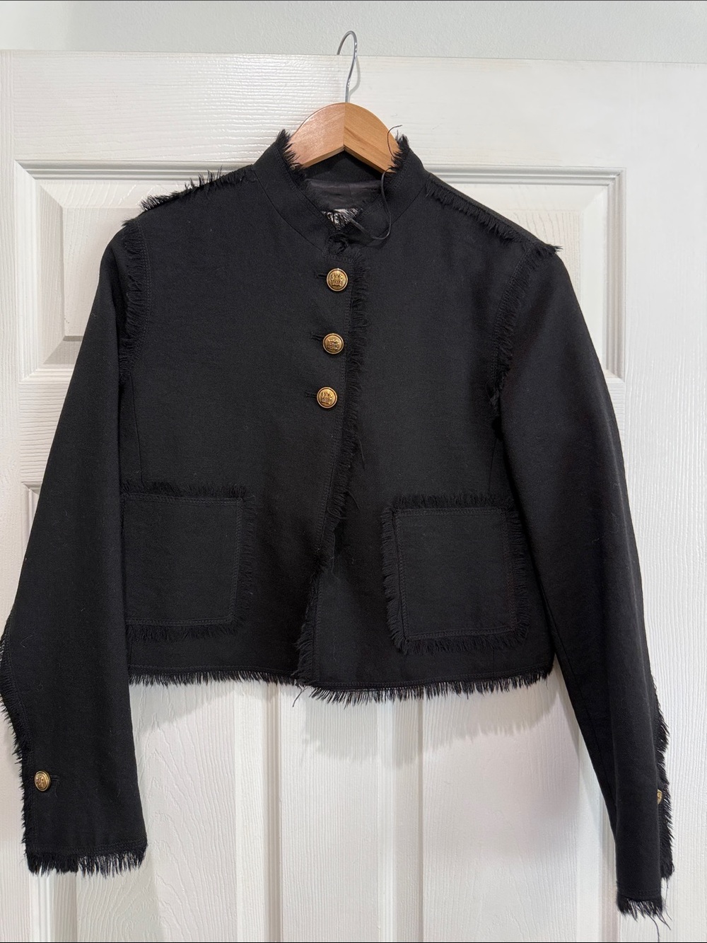 Zara Black Cropped Frayed Edge Jacket with Gold Buttons